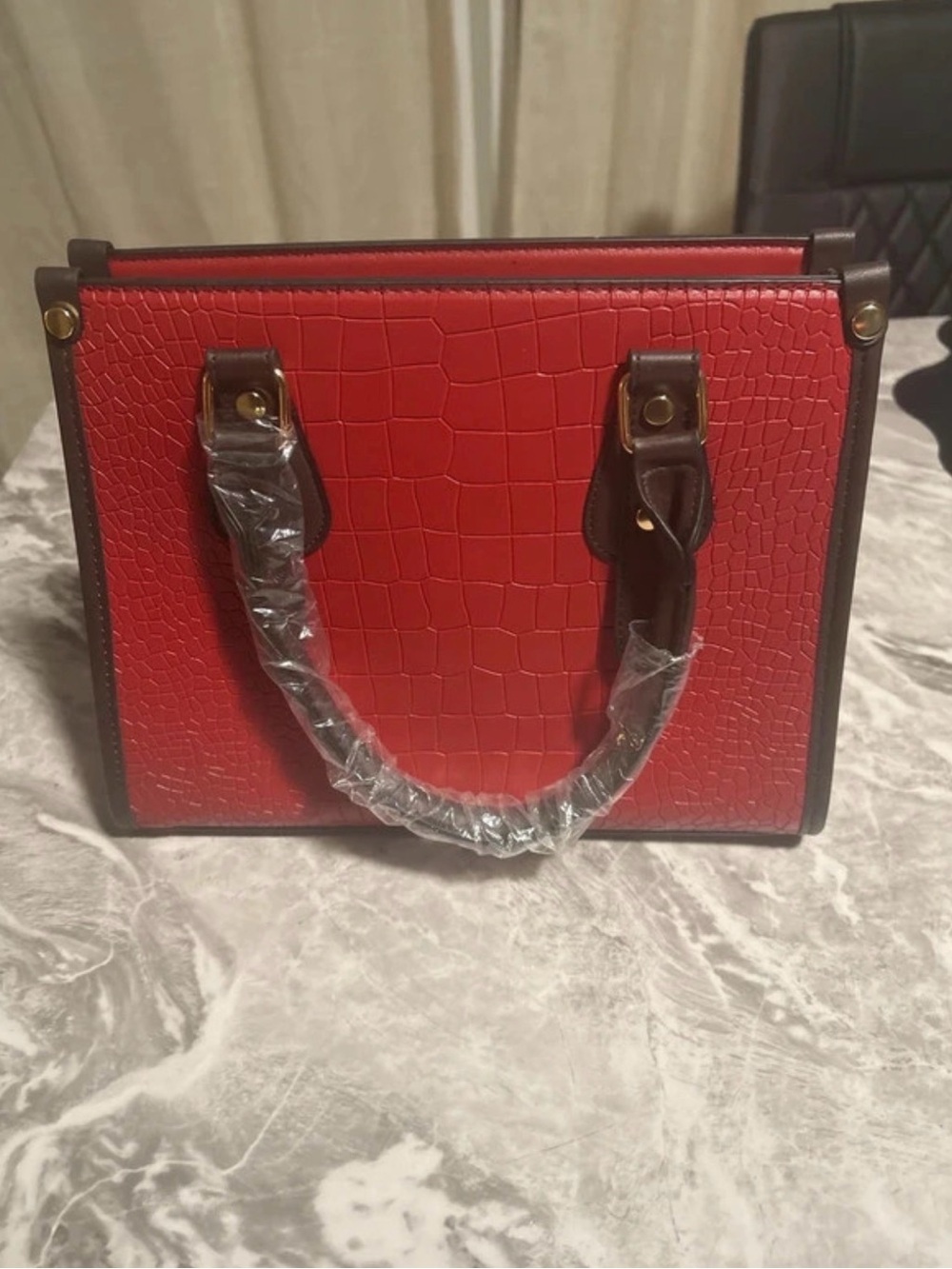 Red Croc-Texture Box Tote with Brown Trims